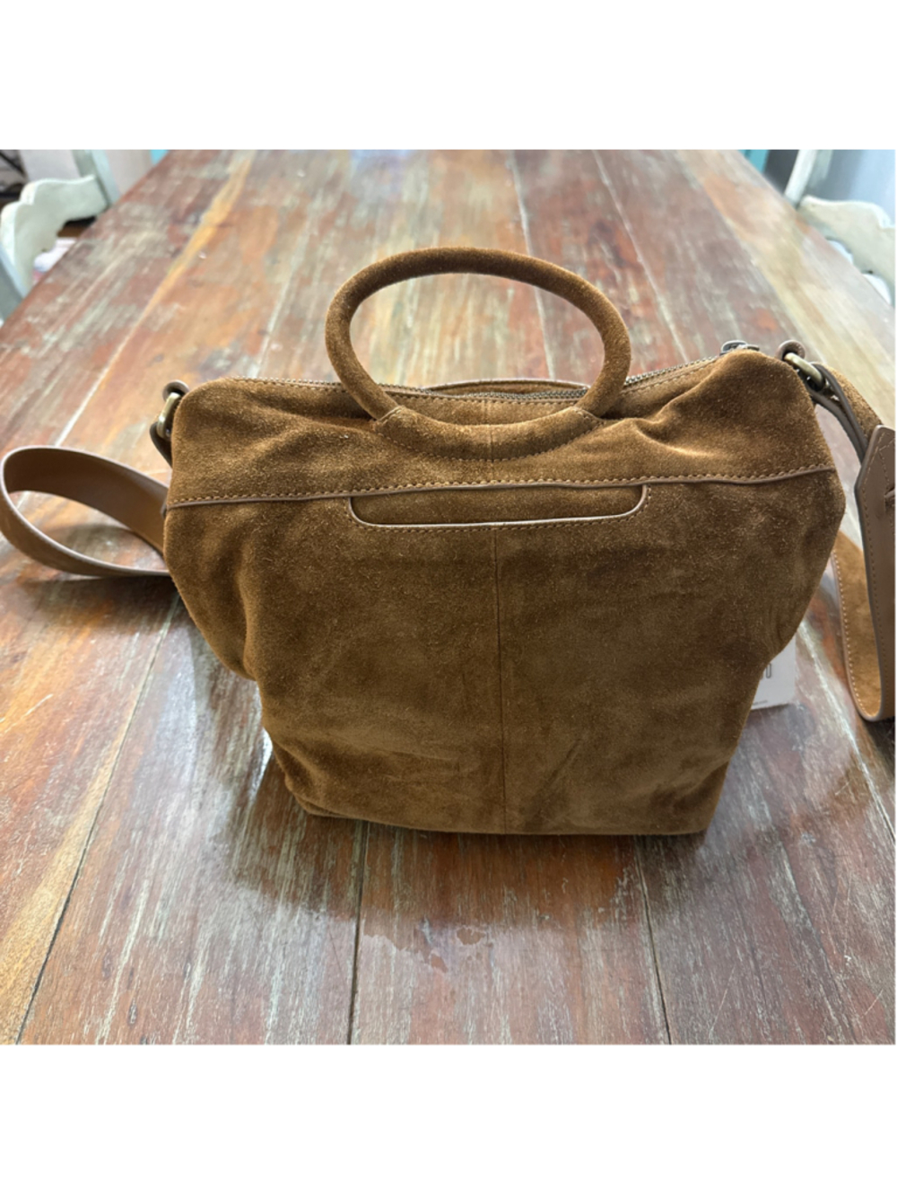 HOBO Chestnut Brown Suede Gold Studded Small Crossbody Tote Handbag NWT Handles - Picture 5 of 13